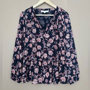 {LOFT} Floral Long Sleeve Peplum Blouse - Womens XS